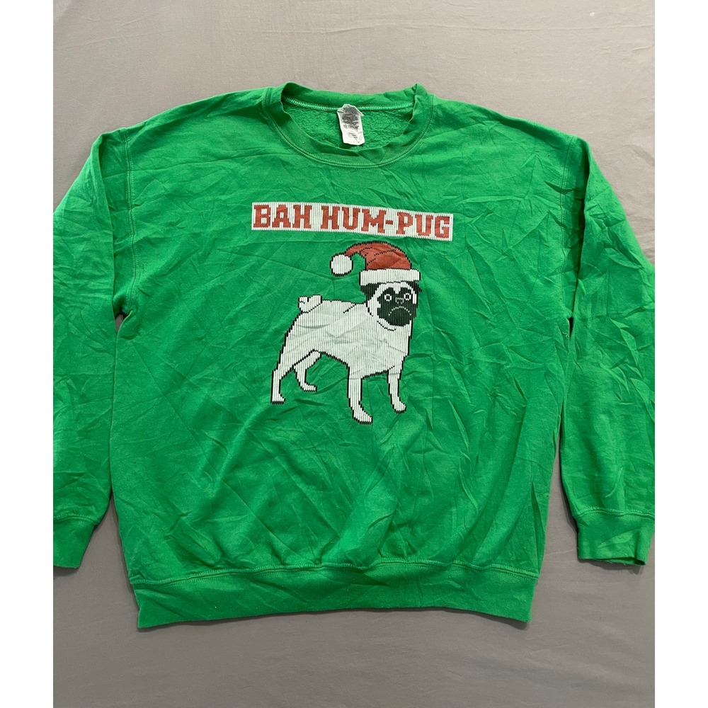Gildan Mens Bah Hum-Pug Christmas Sweatshirt Green Pug Santa Hat Large